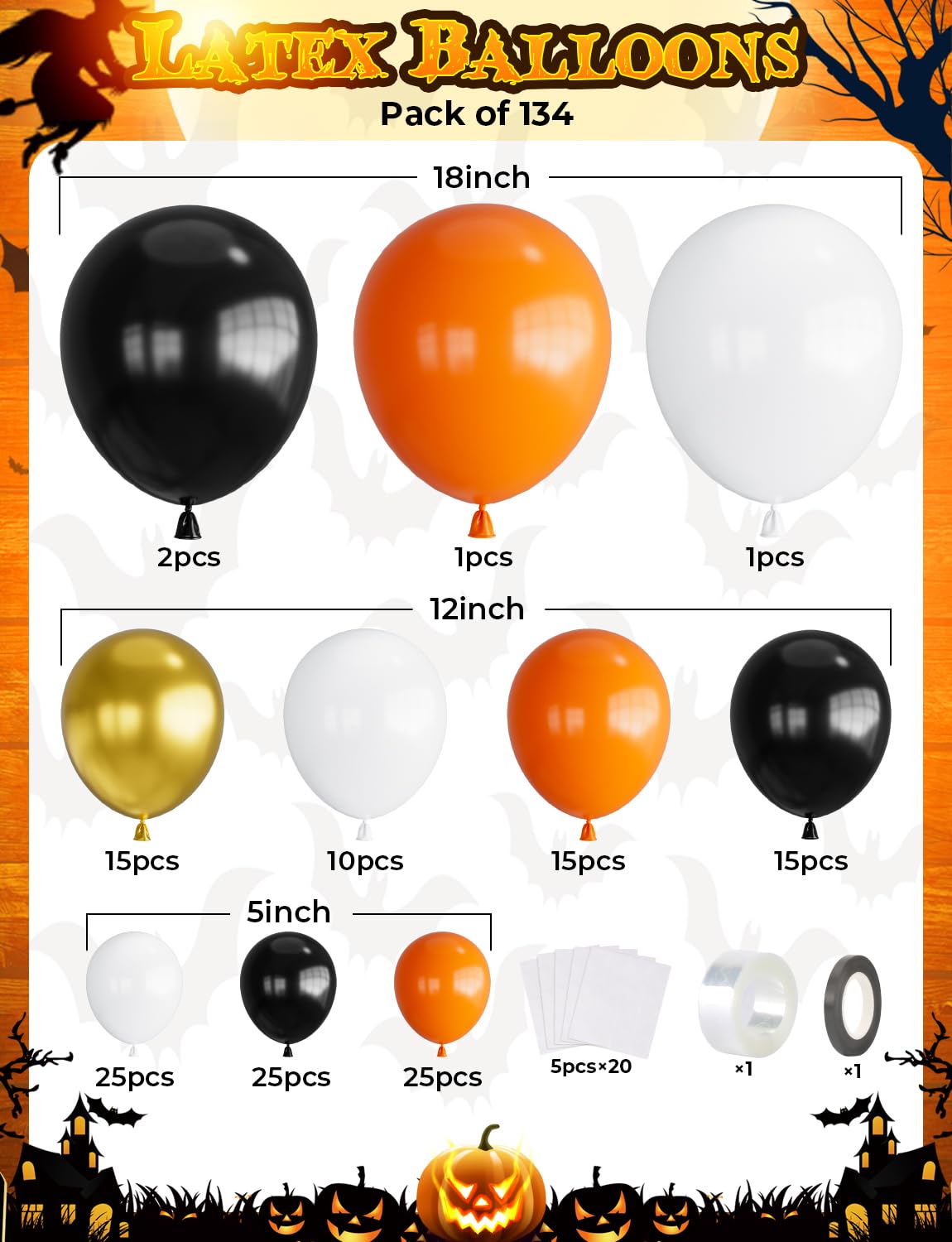 Haolongfa Halloween Balloon Garland Arch Kit – 134 Latex Balloons in Orange, Black, White & Gold