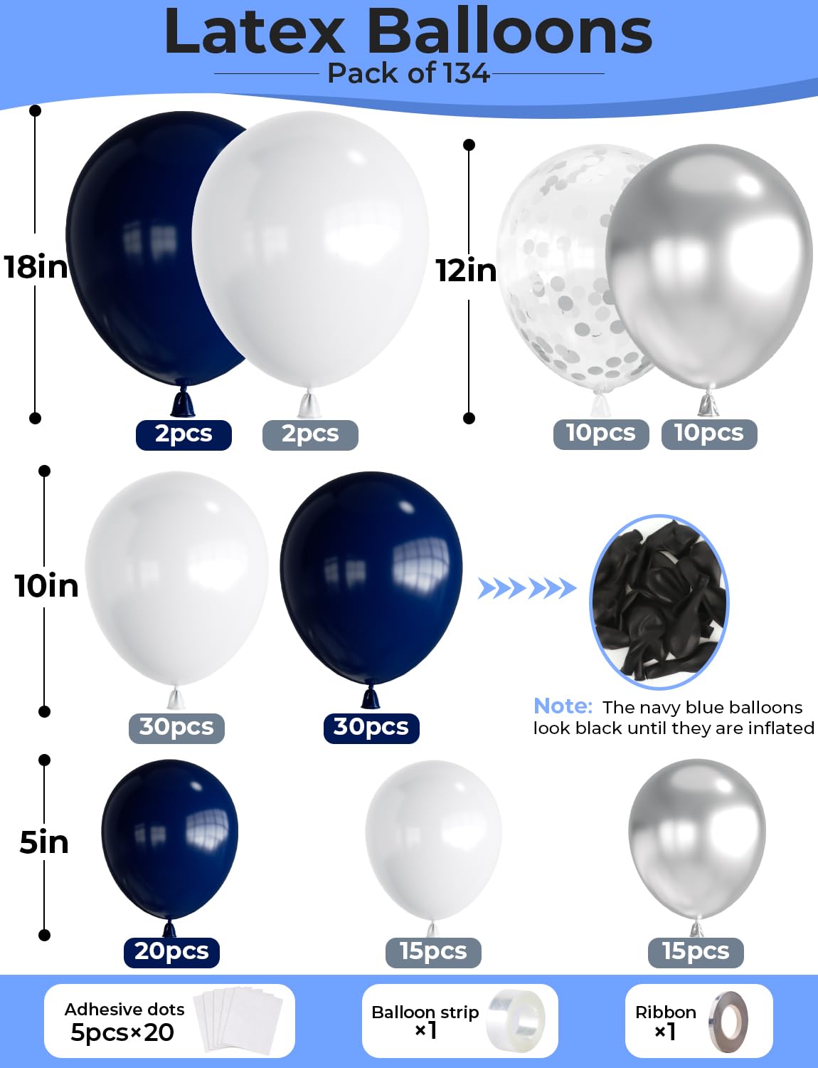 Haolongfa Navy Blue & Silver Balloons Garland Arch Kit – 134 Pcs (18/12/10/5 in)