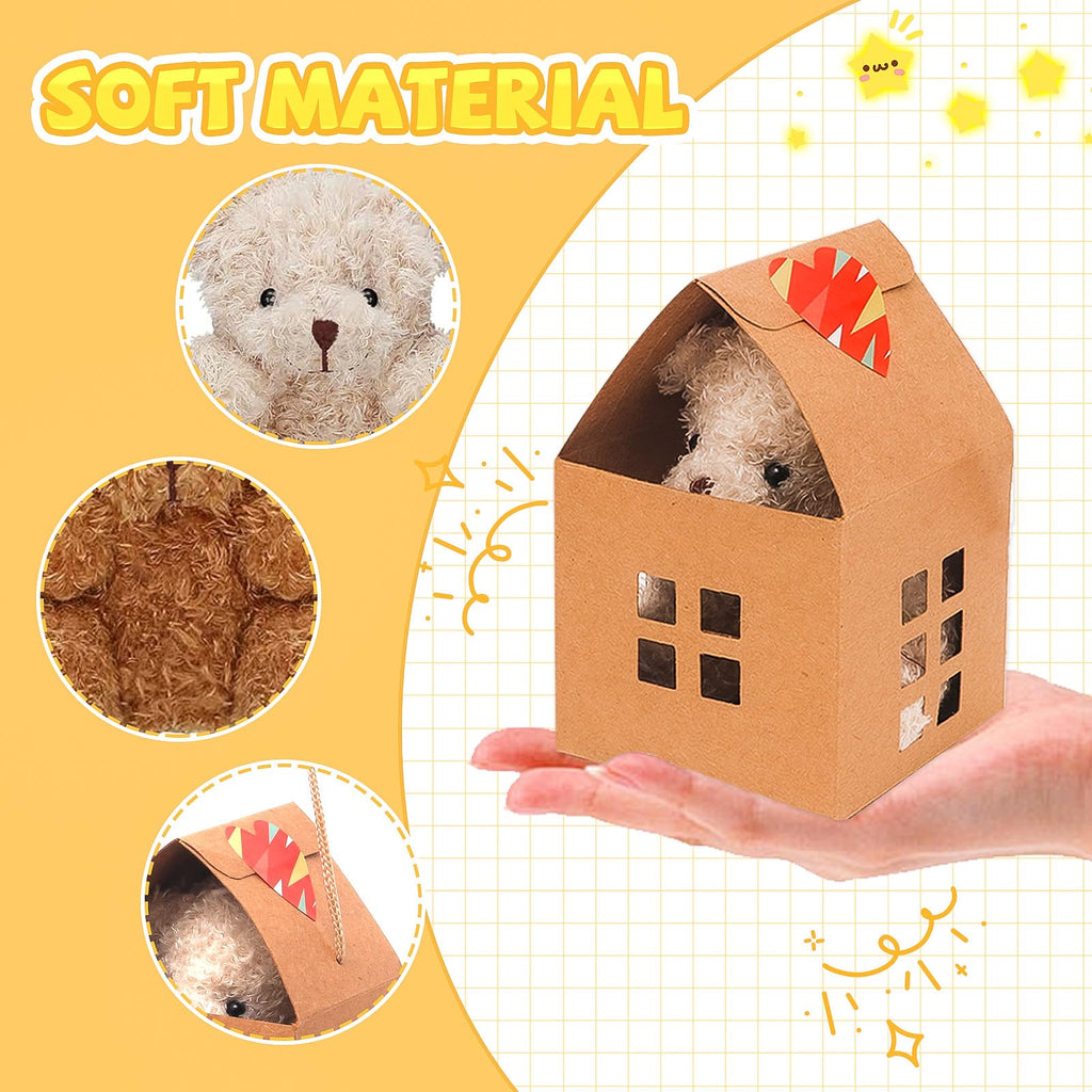 HAPGFS 10 Pcs Mini Bears Plush — Soft Brown & Apricot Curly Teddy Bears with Paper Houses | Party Favors & Gift Toys