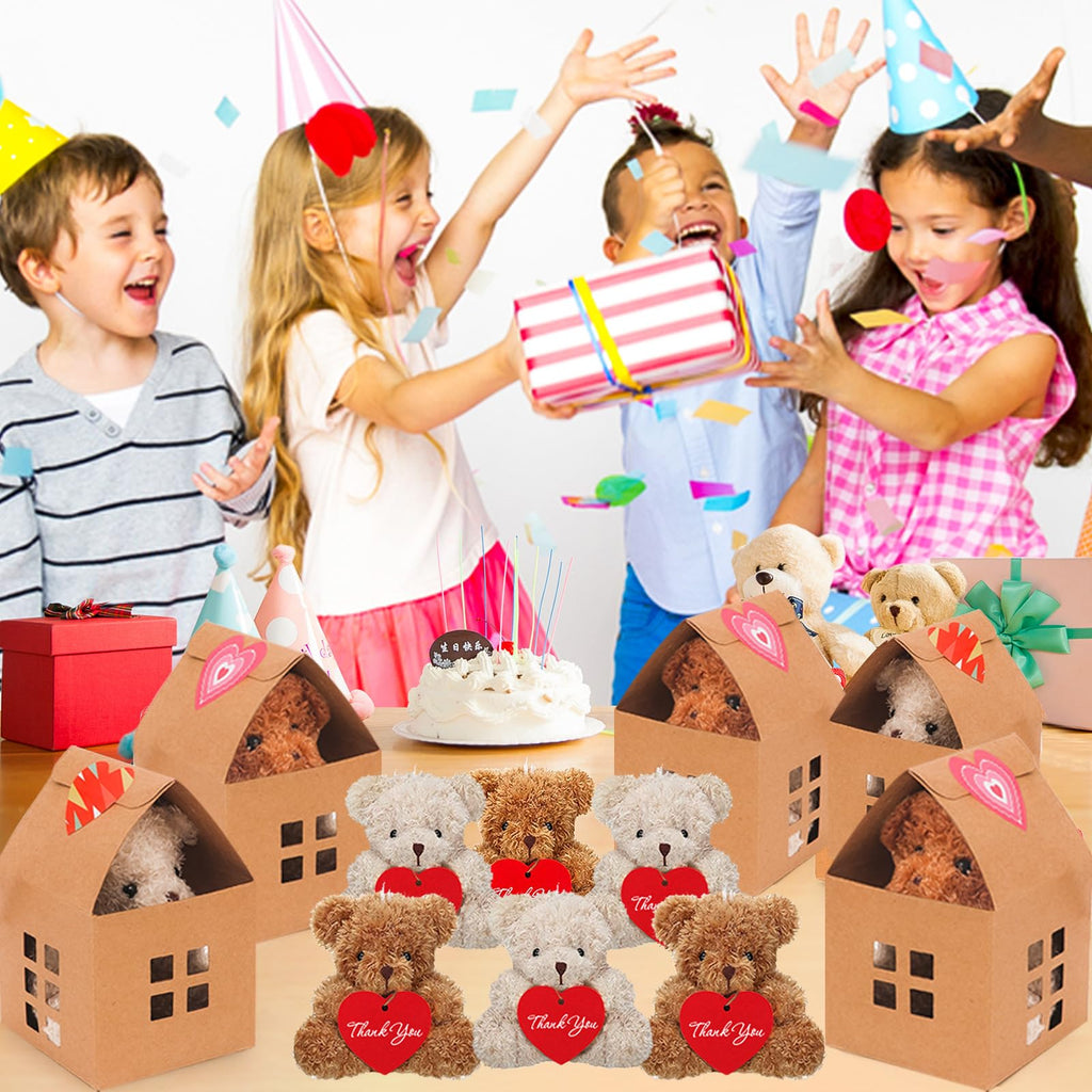 HAPGFS 10 Pcs Mini Bears Plush — Soft Brown & Apricot Curly Teddy Bears with Paper Houses | Party Favors & Gift Toys
