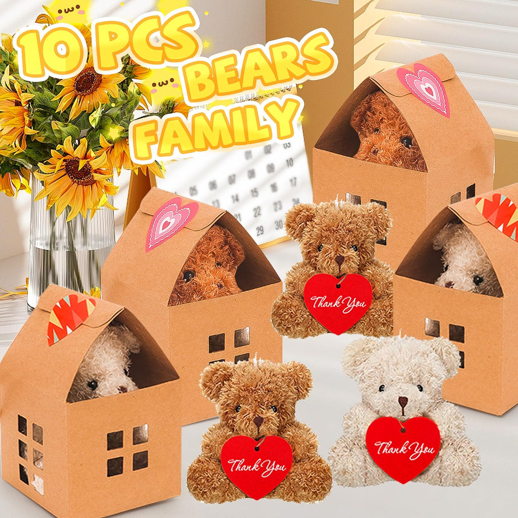HAPGFS 10 Pcs Mini Bears Plush — Soft Brown & Apricot Curly Teddy Bears with Paper Houses | Party Favors & Gift Toys