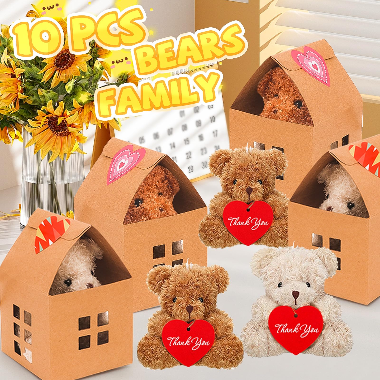 HAPGFS 10 Pcs Mini Bears Plush — Soft Brown & Apricot Curly Teddy Bears with Paper Houses | Party Favors & Gift Toys
