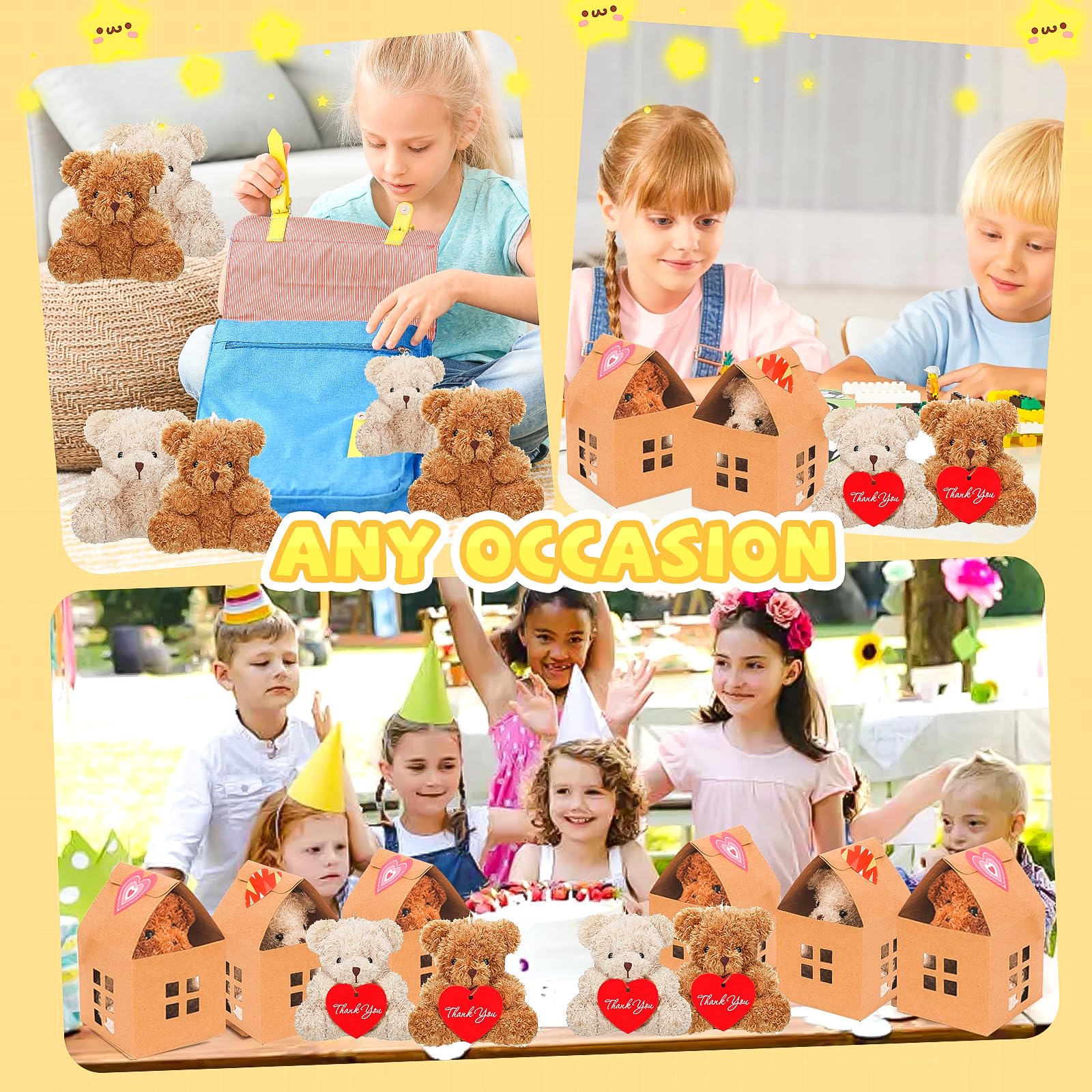 HAPGFS 10 Pcs Mini Bears Plush — Soft Brown & Apricot Curly Teddy Bears with Paper Houses | Party Favors & Gift Toys