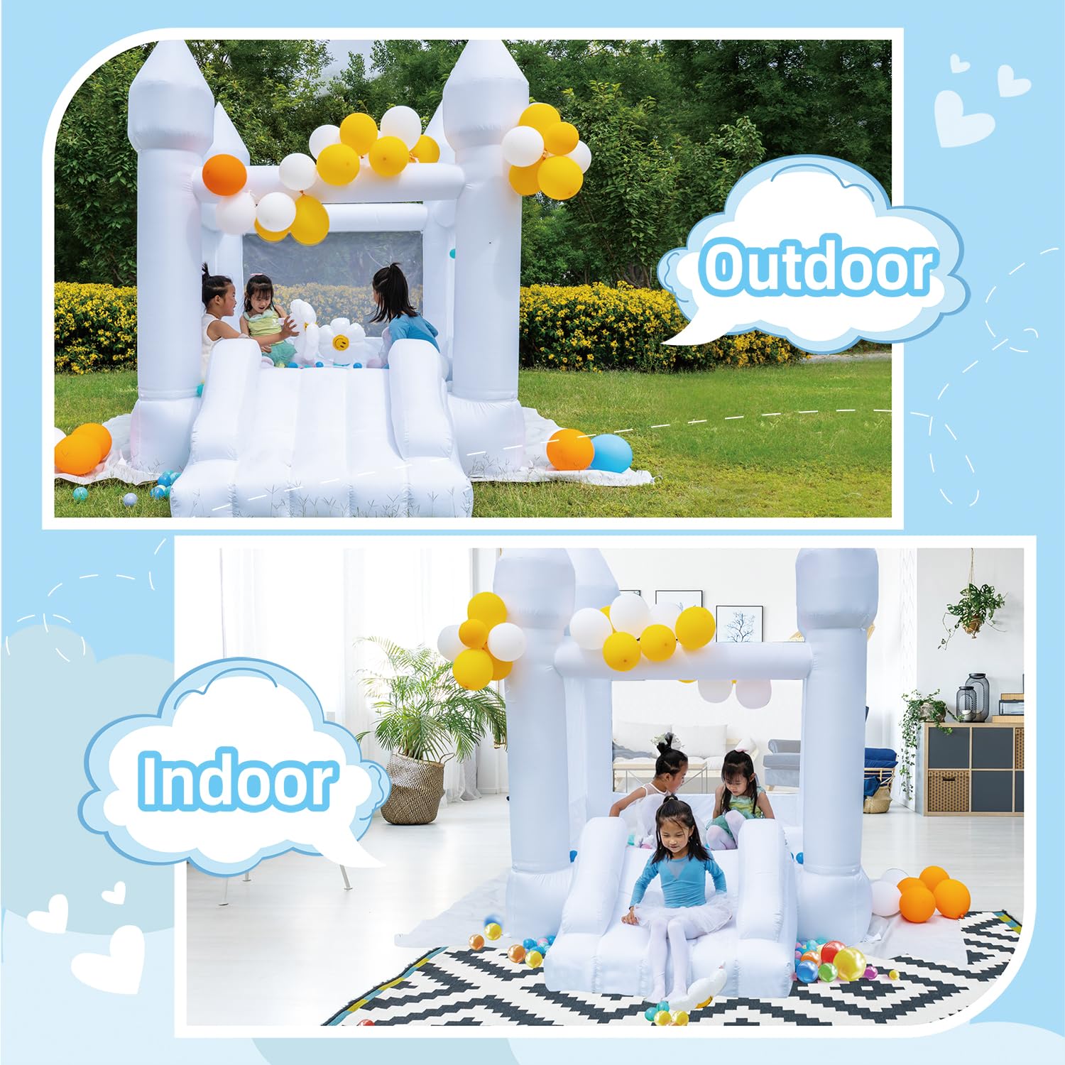 HapyBoucy White Bounce House with Slide – Indoor/Outdoor Kids Castle, 8.9ft L x 6ft W x 7.1ft H, Blower Included, 100 Balloons