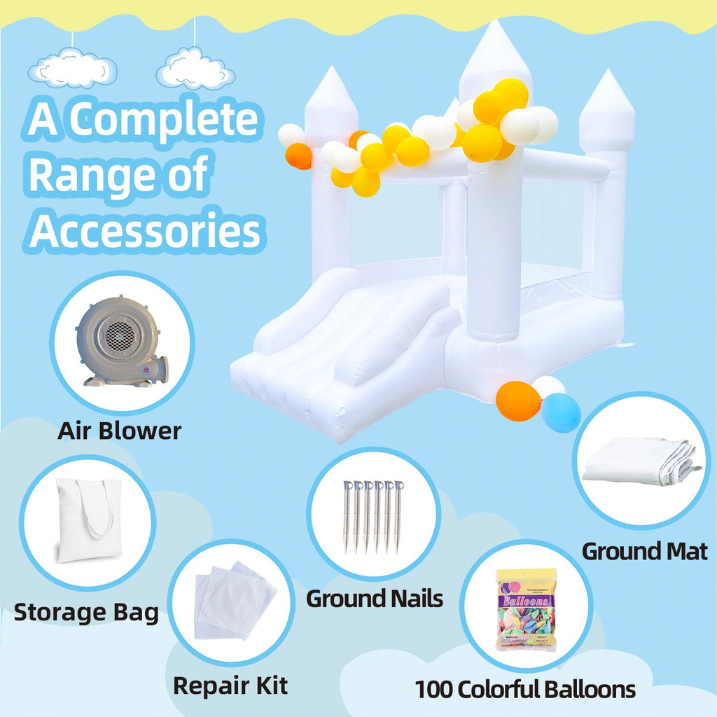 HapyBoucy White Bounce House with Slide – Indoor/Outdoor Kids Castle, 8.9ft L x 6ft W x 7.1ft H, Blower Included, 100 Balloons
