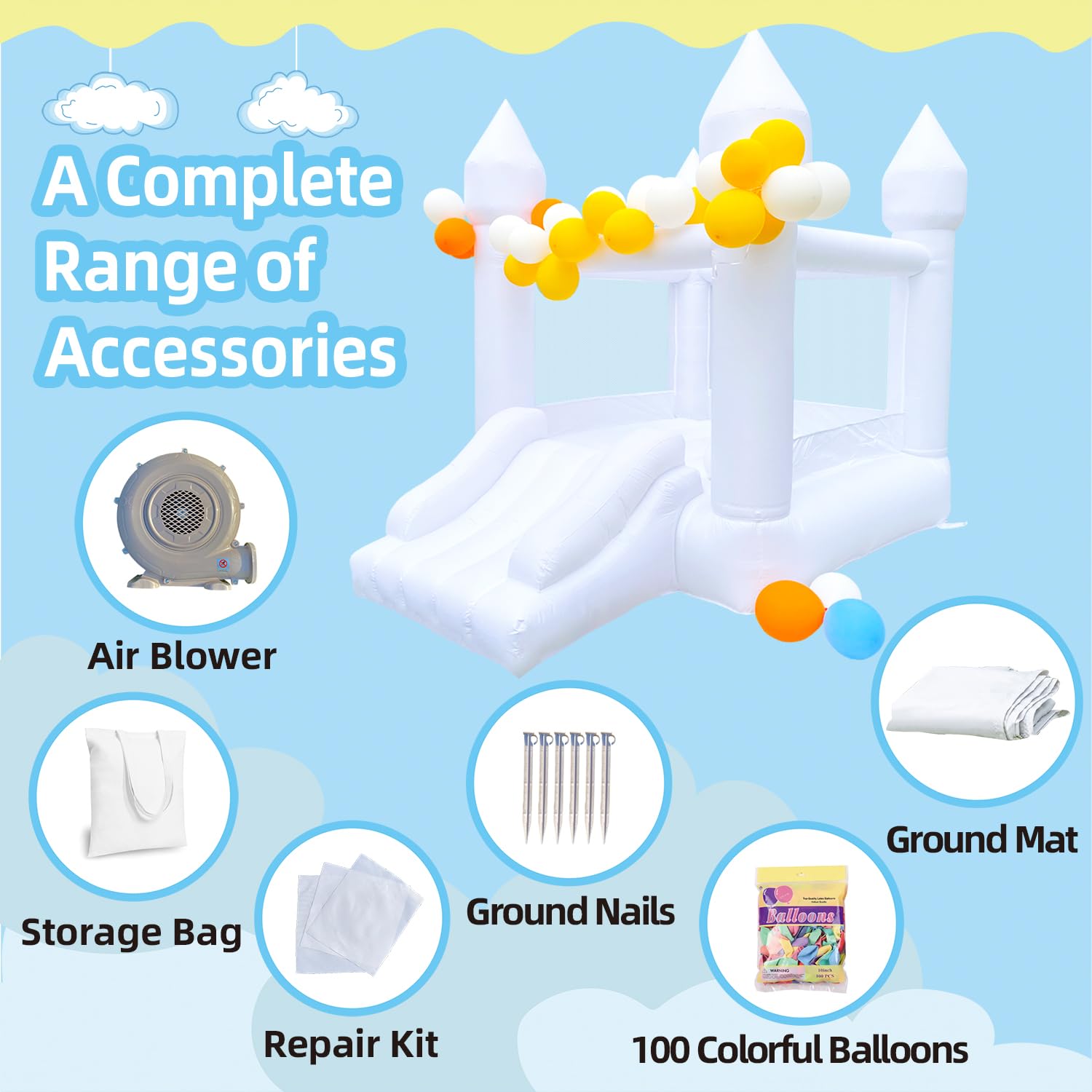 HapyBoucy White Bounce House with Slide – Indoor/Outdoor Kids Castle, 8.9ft L x 6ft W x 7.1ft H, Blower Included, 100 Balloons