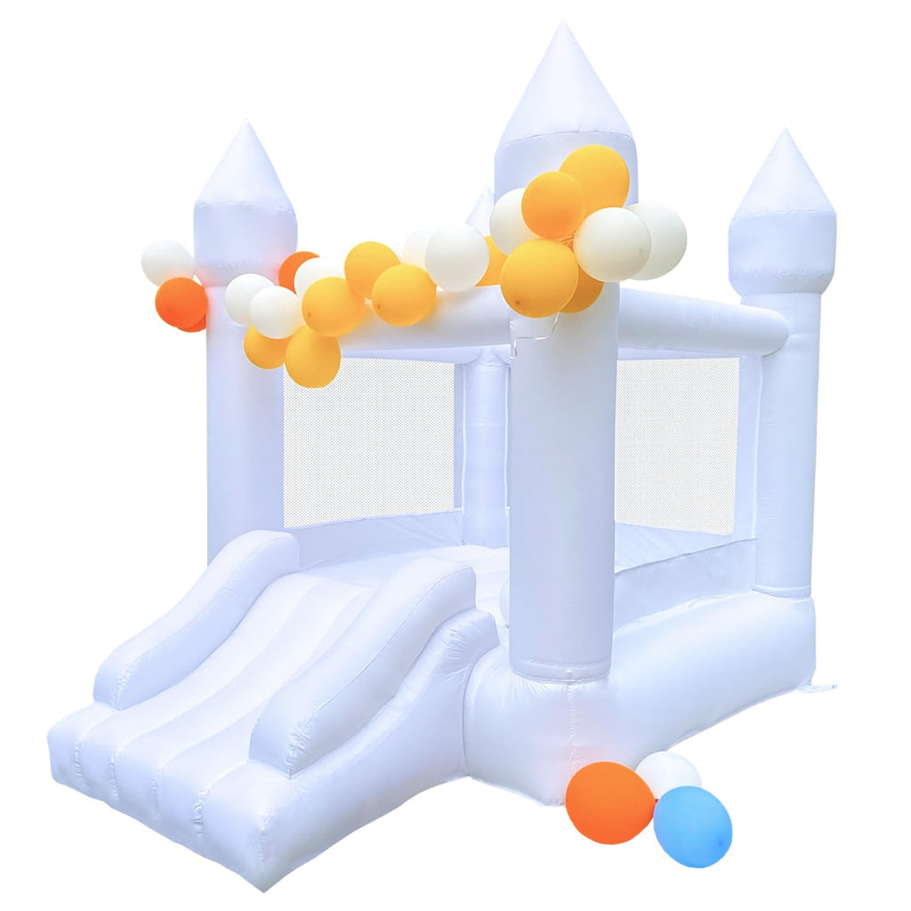HapyBoucy White Bounce House with Slide – Indoor/Outdoor Kids Castle, 8.9ft L x 6ft W x 7.1ft H, Blower Included, 100 Balloons