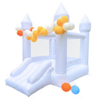 HapyBoucy White Bounce House with Slide – Indoor/Outdoor Kids Castle, 8.9ft L x 6ft W x 7.1ft H, Blower Included, 100 Balloons