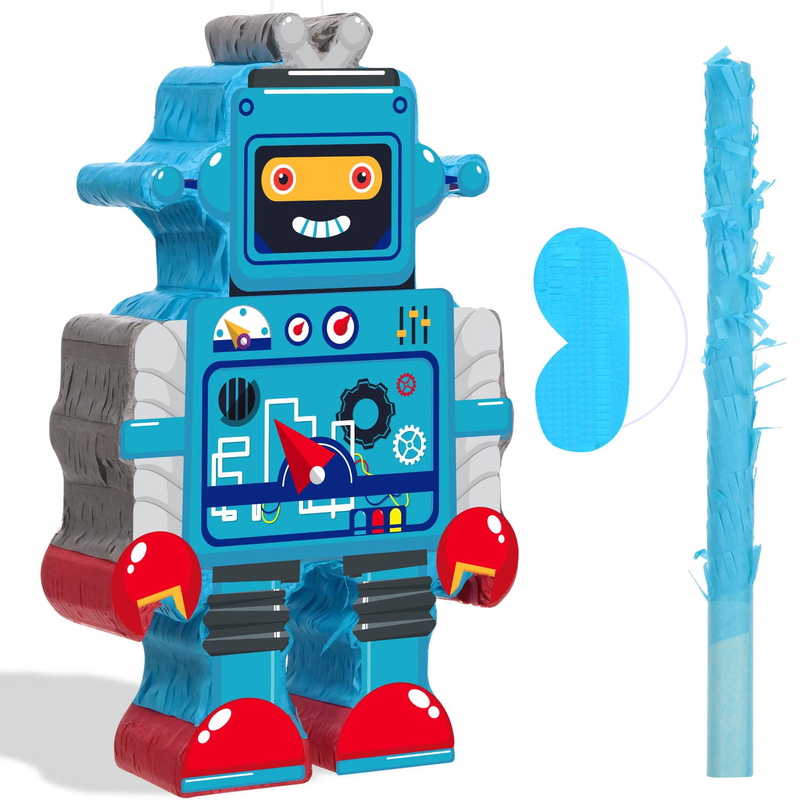 Harrycle Robot Piñata Set – Red-Blue Stick & Tassel Blindfold, 16.1 x 10.2 x 3.2 in