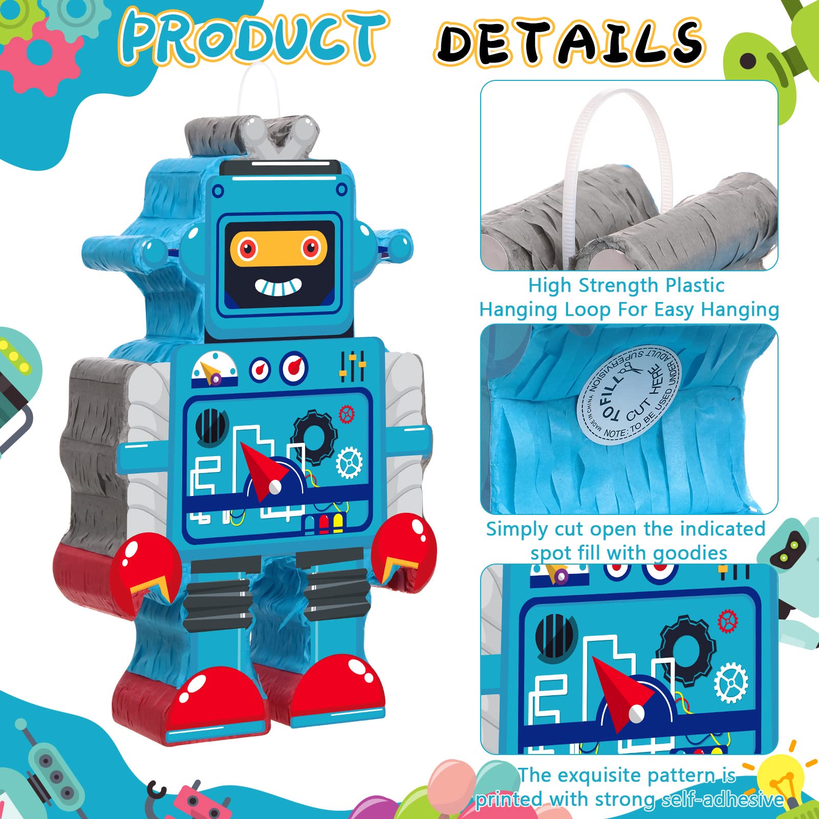 Harrycle Robot Piñata Set – Red-Blue Stick & Tassel Blindfold, 16.1 x 10.2 x 3.2 in