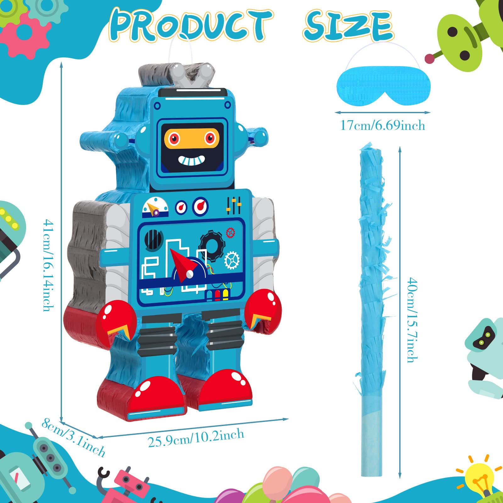Harrycle Robot Piñata Set – Red-Blue Stick & Tassel Blindfold, 16.1 x 10.2 x 3.2 in