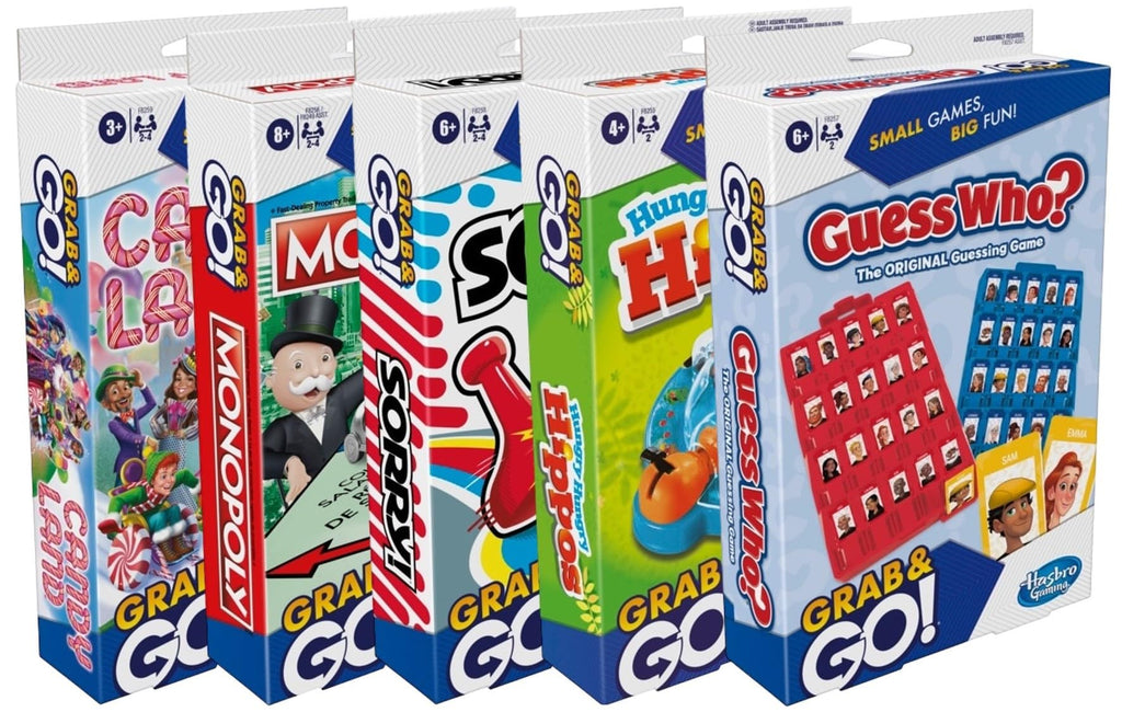Hasbro Gaming Grab and Go Travel Games Set of 5 – Sorry!, Hungry Hungry Hippos, Monopoly, Guess Who?, Candy Land