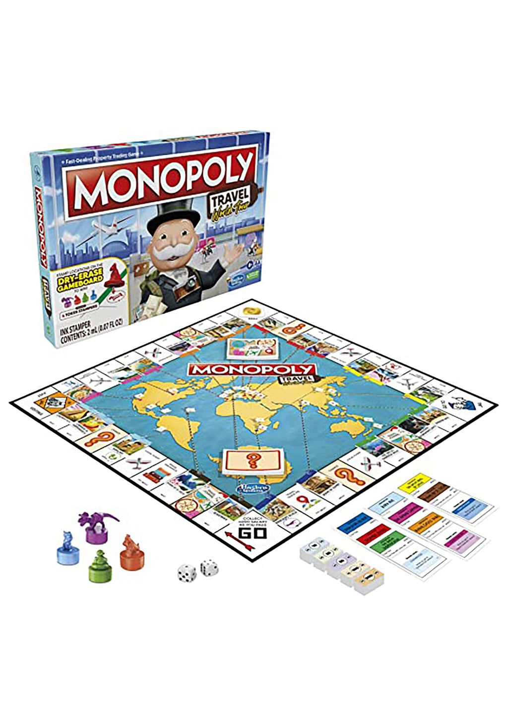 Hasbro Gaming Monopoly World Tour Board Game – Travel Edition with Dry-Erase Board & Stampers
