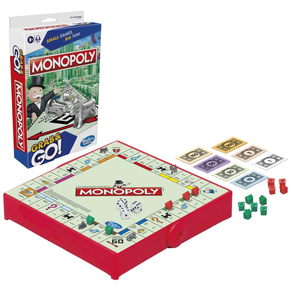 Hasbro Gaming Grab 'N GO Travel Game Monopoly – Portable Monopoly for 2–4 Players