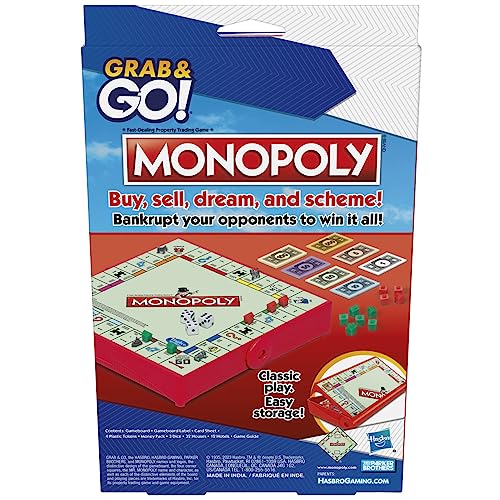 Hasbro Gaming Grab 'N GO Travel Game Monopoly – Portable Monopoly for 2–4 Players