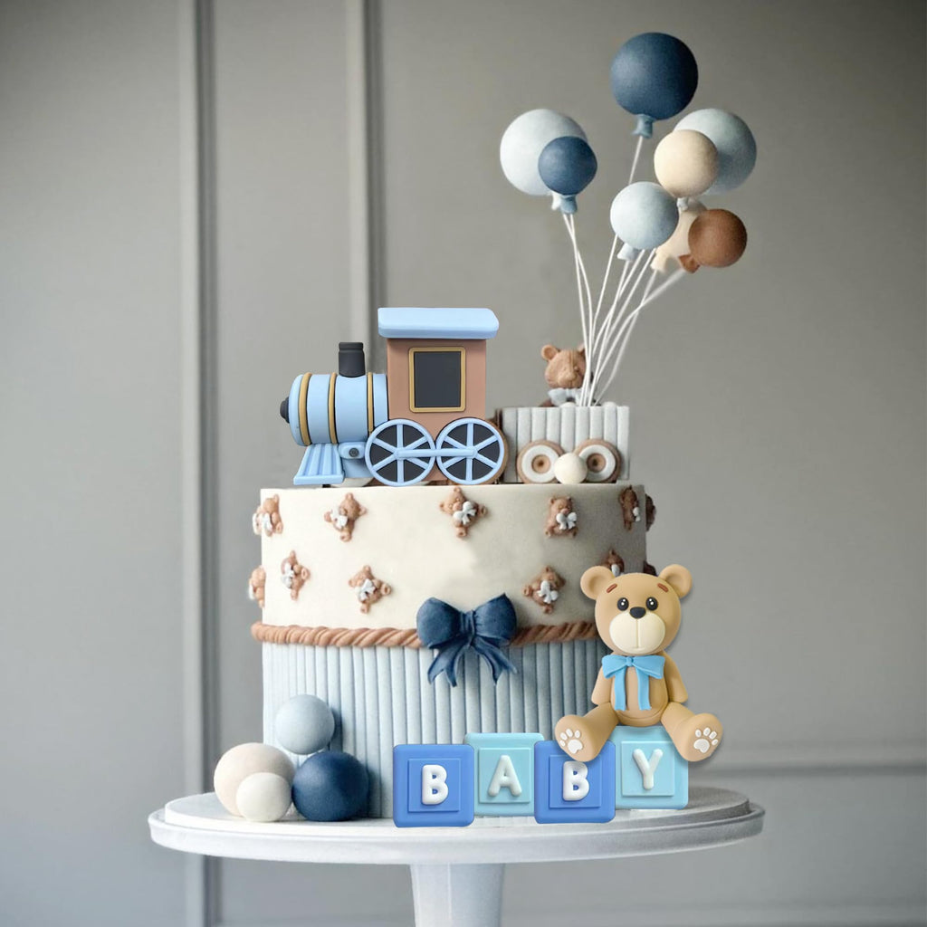 HAVAGDTM 22 PCS Bear Cake Toppers Set – Train Topper & BABY Letters for Baby Shower & Bear-Themed Parties