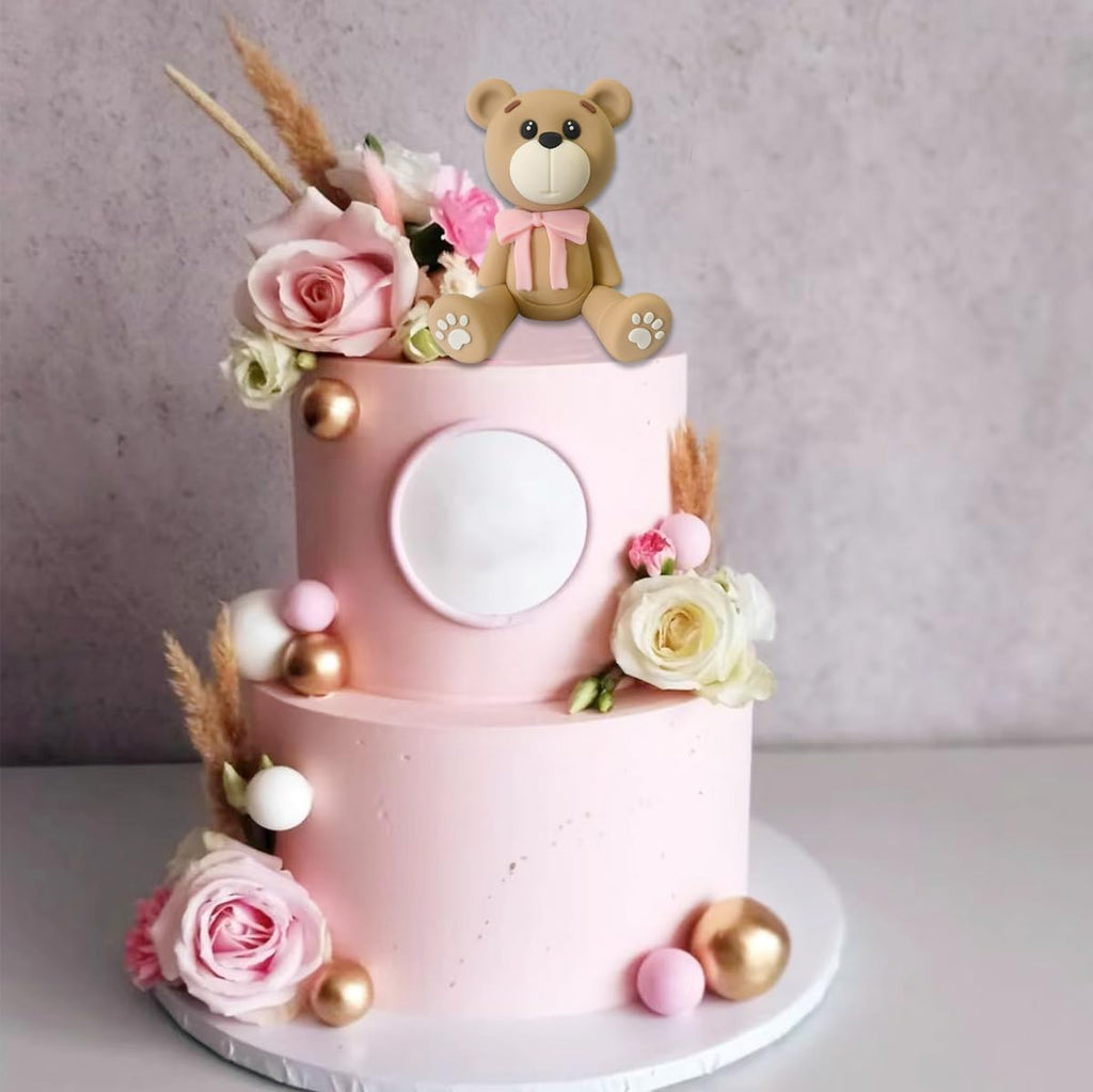 HAVAGDTM 3D Bear Cake Topper – Pink Polymer Clay Decoration for Baby Showers & Birthdays