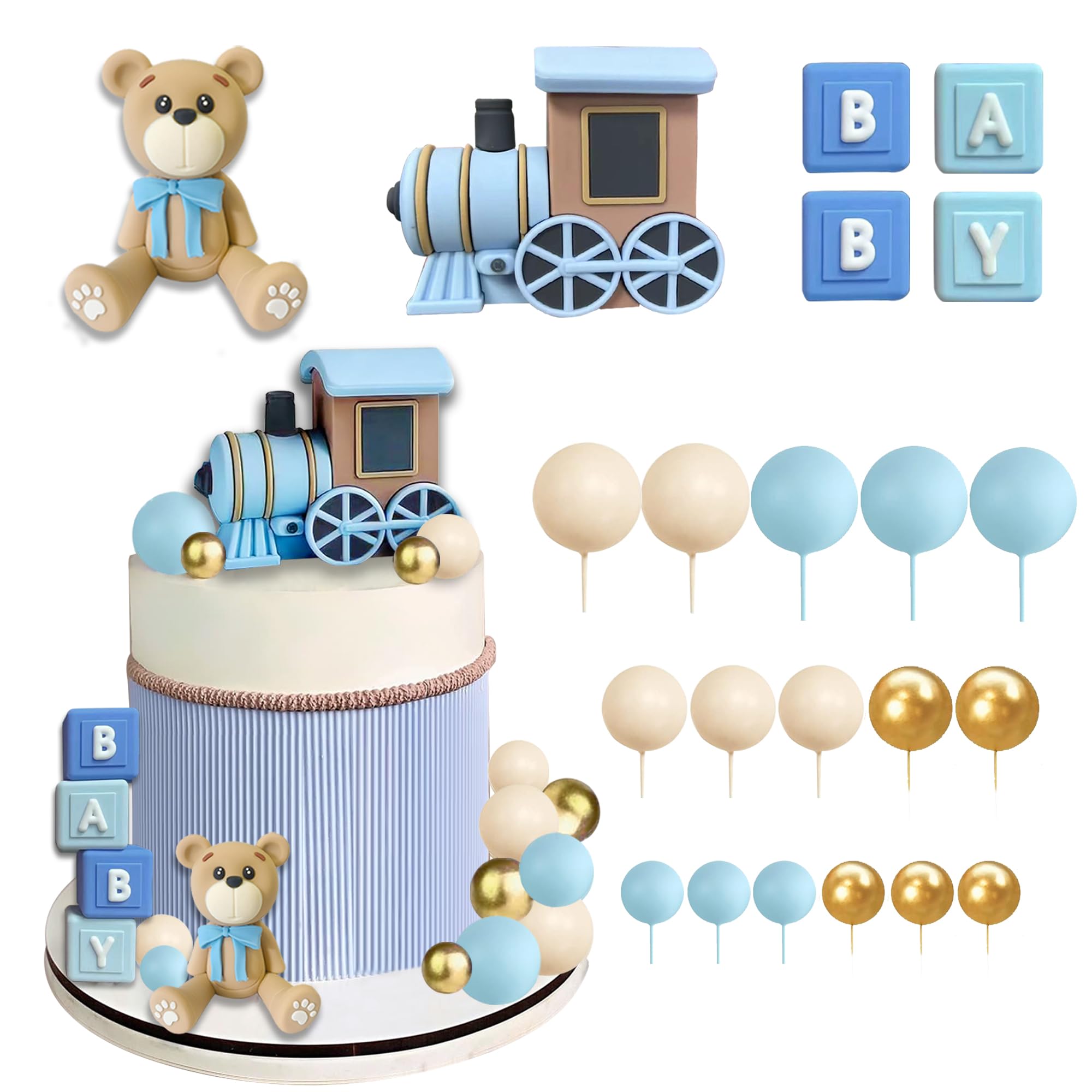 HAVAGDTM 22 PCS Bear Cake Toppers Set – Train Topper & BABY Letters for Baby Shower & Bear-Themed Parties
