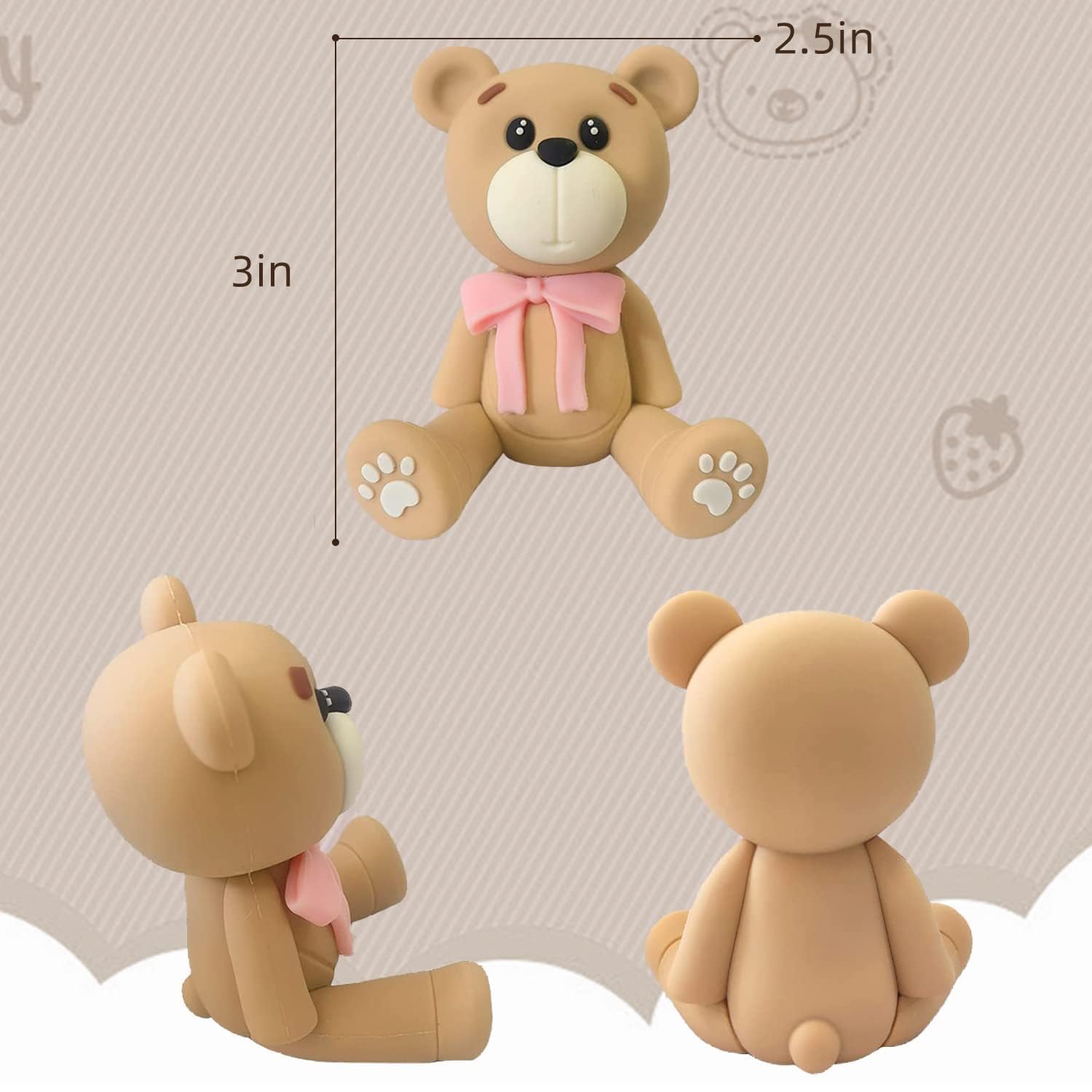 HAVAGDTM 3D Bear Cake Topper – Pink Polymer Clay Decoration for Baby Showers & Birthdays