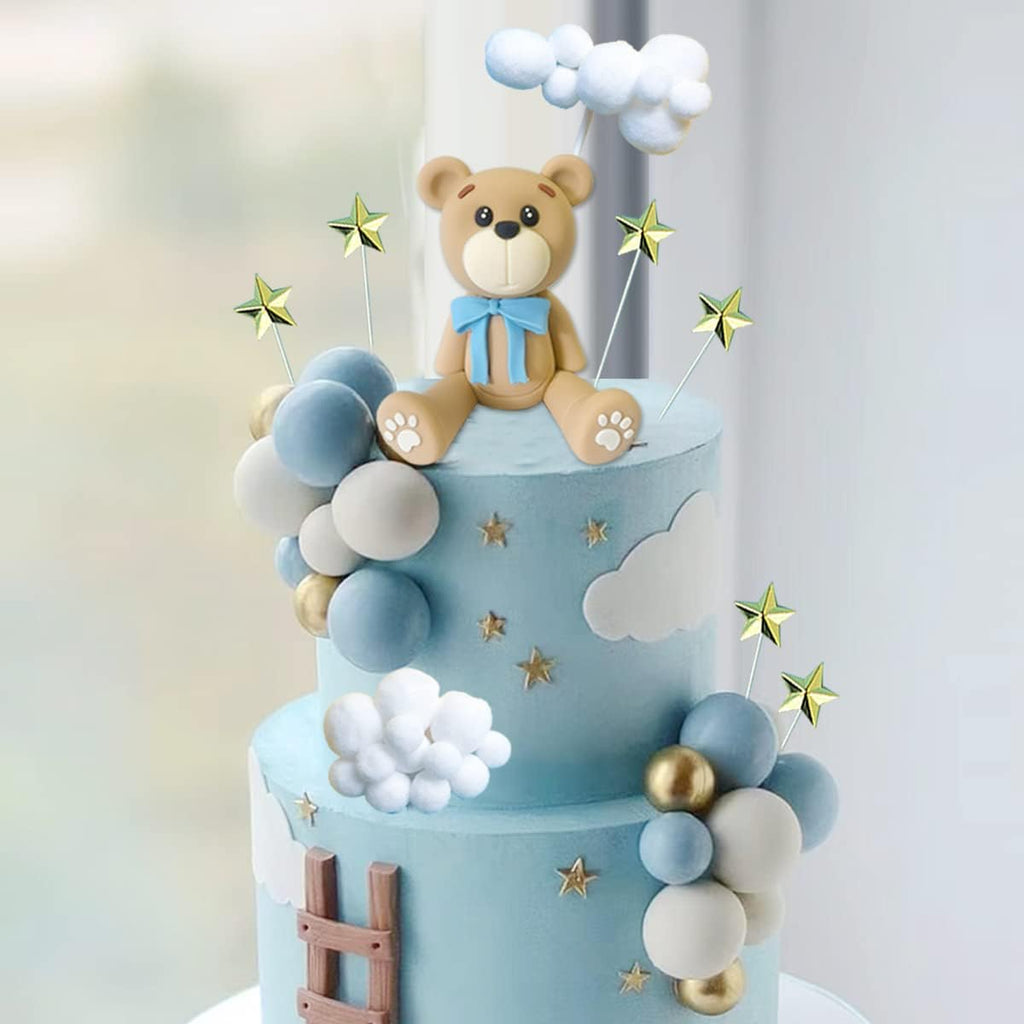 HAVAGDTM Bear Cake Toppers Set – Blue Bear with Clouds, Stars & Balls