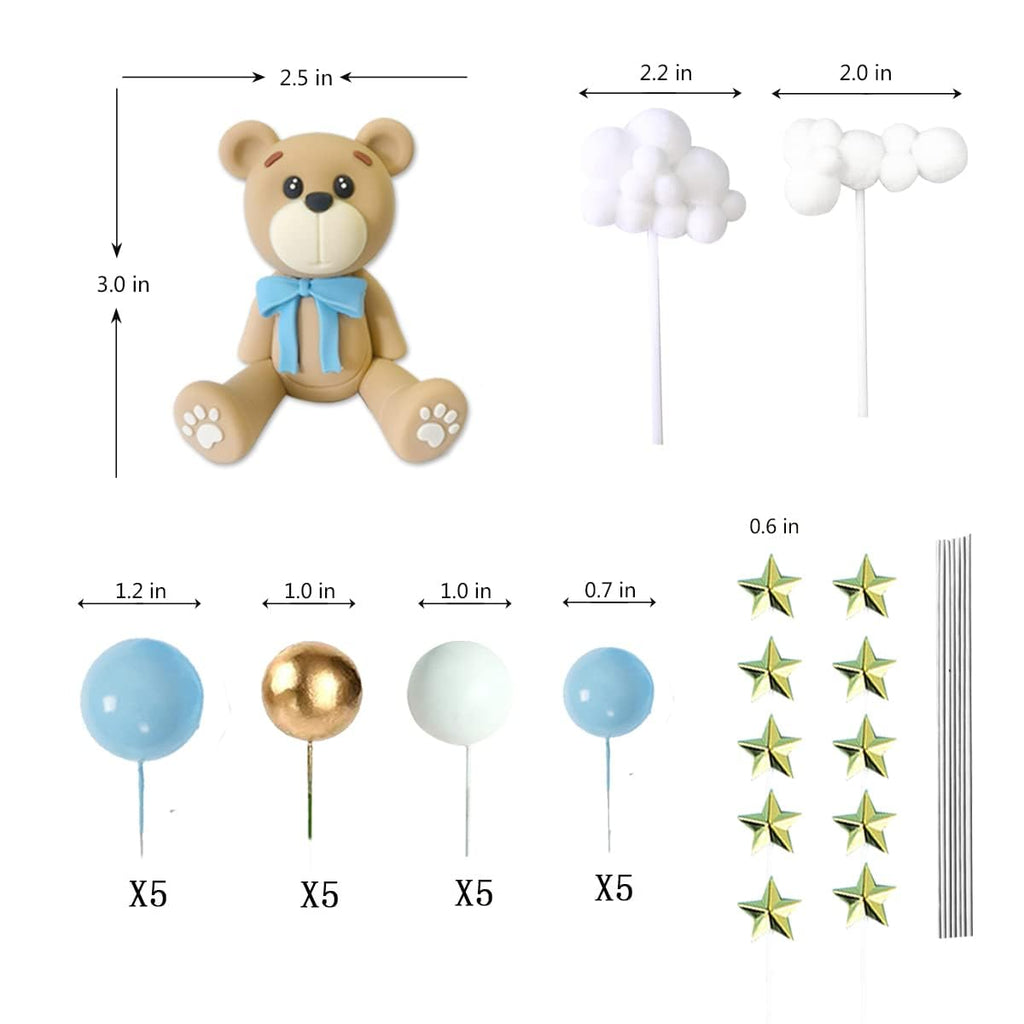 HAVAGDTM Bear Cake Toppers Set – Blue Bear with Clouds, Stars & Balls