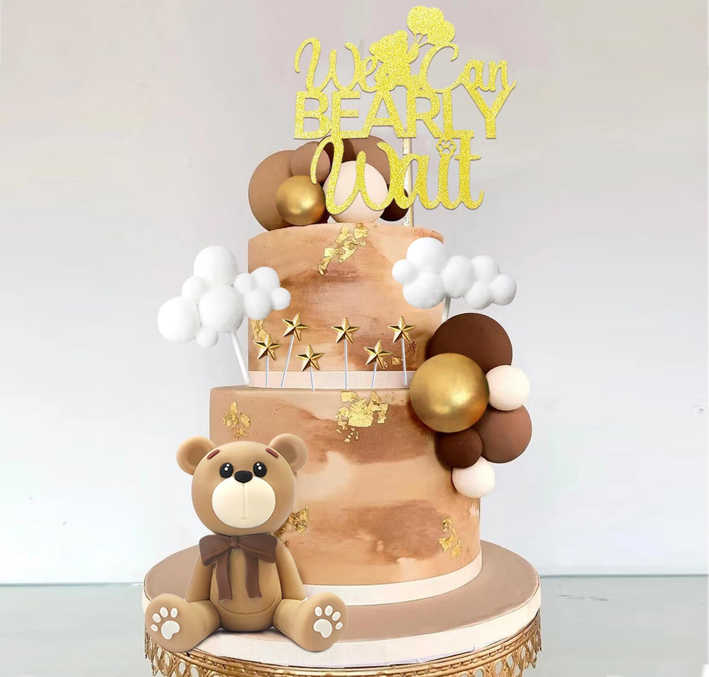 HAVAGDTM Bear Cake Toppers Set – 34-Piece Bear Balls, Clouds & Stars for Baby Showers & Birthday Parties