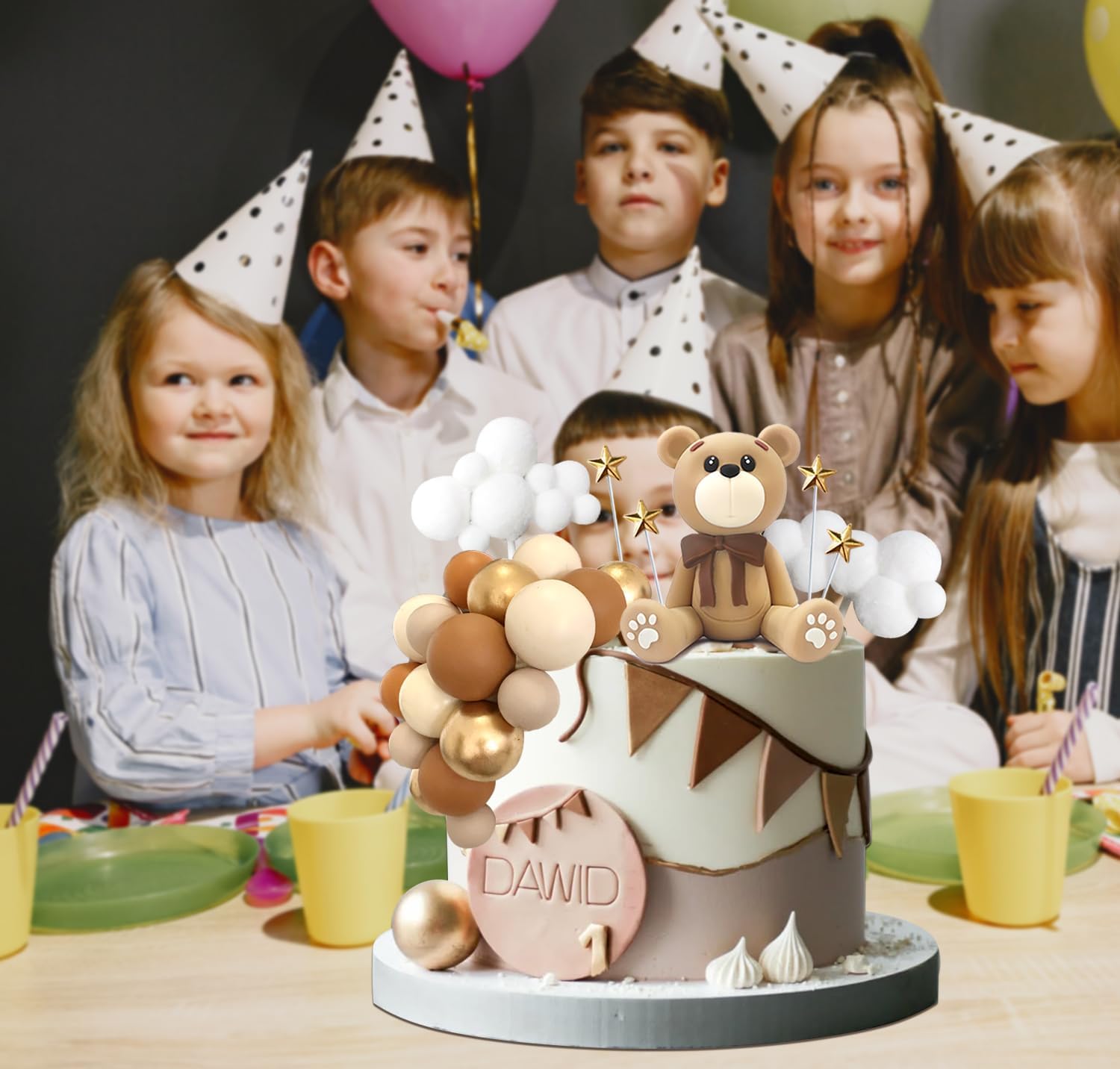 HAVAGDTM Bear Cake Toppers Set – 34-Piece Bear Balls, Clouds & Stars for Baby Showers & Birthday Parties