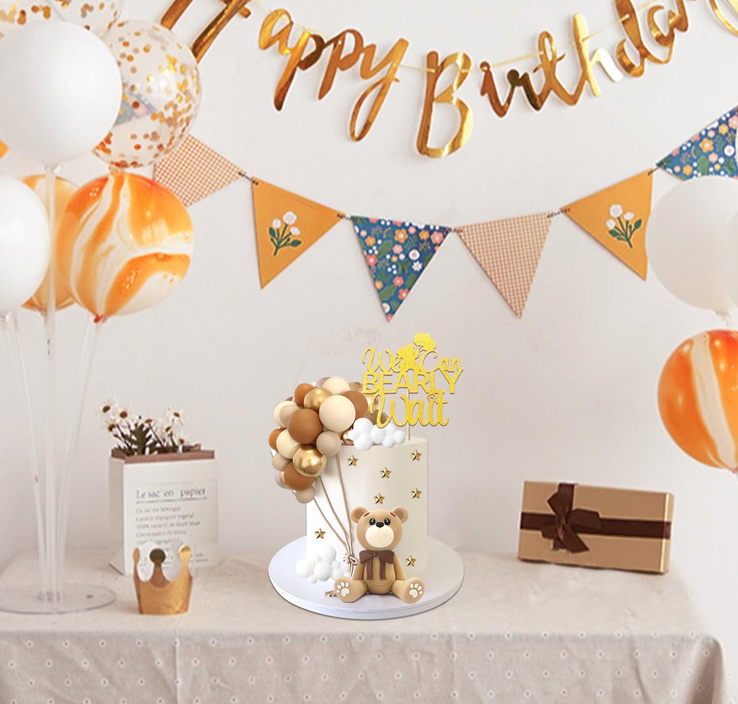 HAVAGDTM Bear Cake Toppers Set – 34-Piece Bear Balls, Clouds & Stars for Baby Showers & Birthday Parties