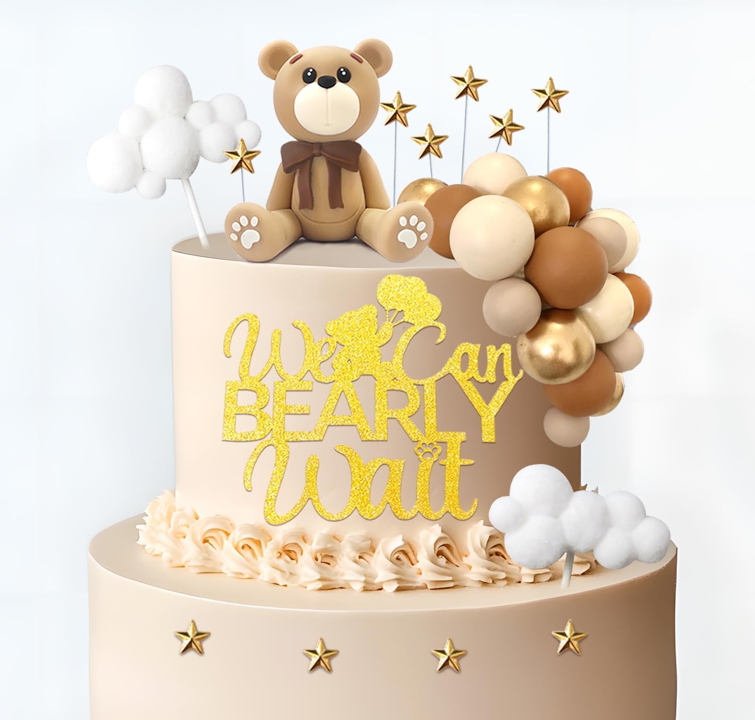 HAVAGDTM Bear Cake Toppers Set – 34-Piece Bear Balls, Clouds & Stars for Baby Showers & Birthday Parties