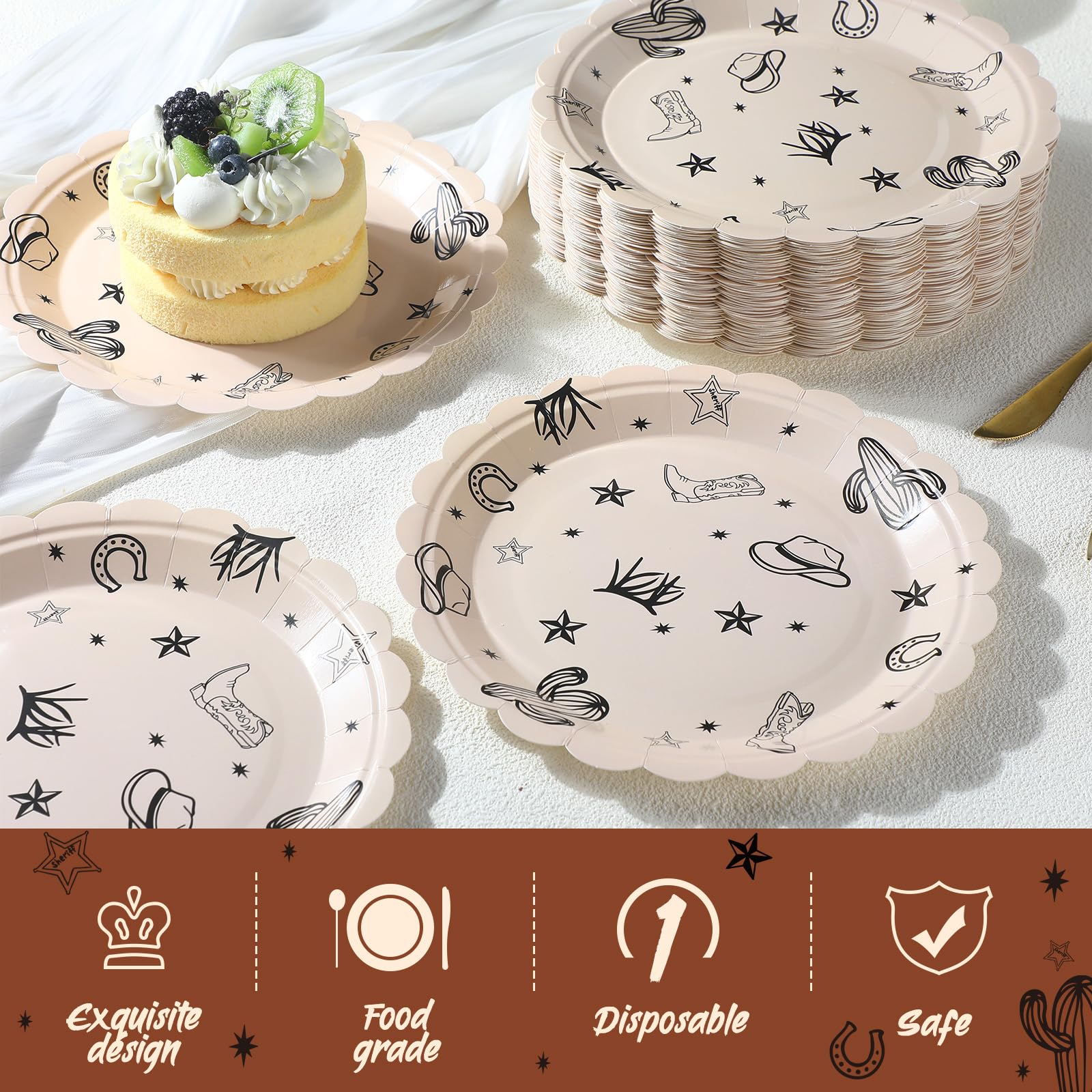 Havawish 100 Pcs Cowboy Party Plates – Western Theme Disposable Dinnerware for Parties
