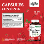 Wild & Organic Hawthorn Berry Capsules 1200 mg - 180 Count | Vegan, Non-GMO