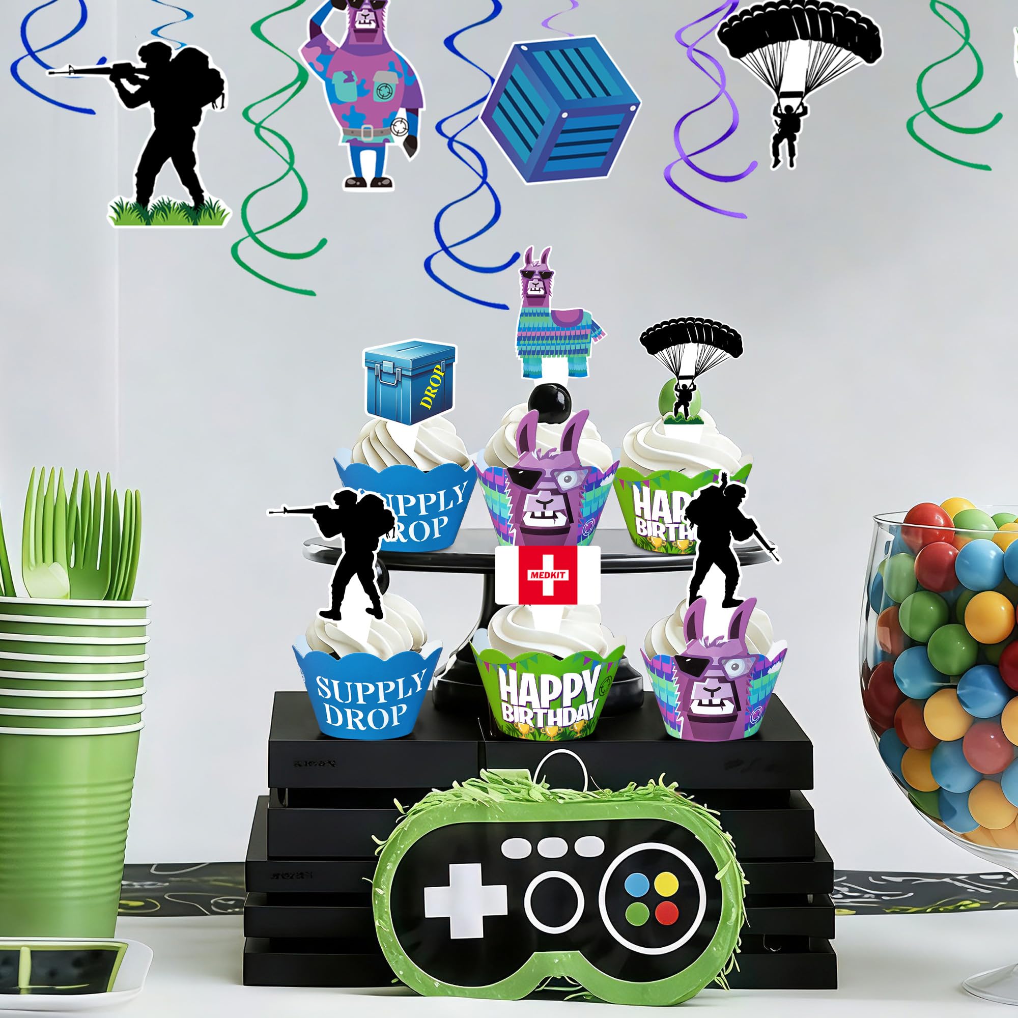 Haxpacal Video Game Cupcake Toppers & Wrappers – 96 Pcs Llama Party Decor