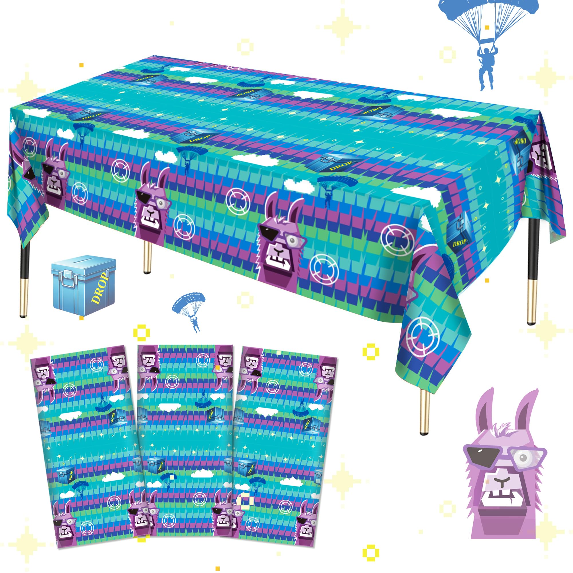 Haxpacal Llama Theme Party Tablecloth 3 PCS – Disposable Video Game Table Covers, 86.6 x 51.2 in
