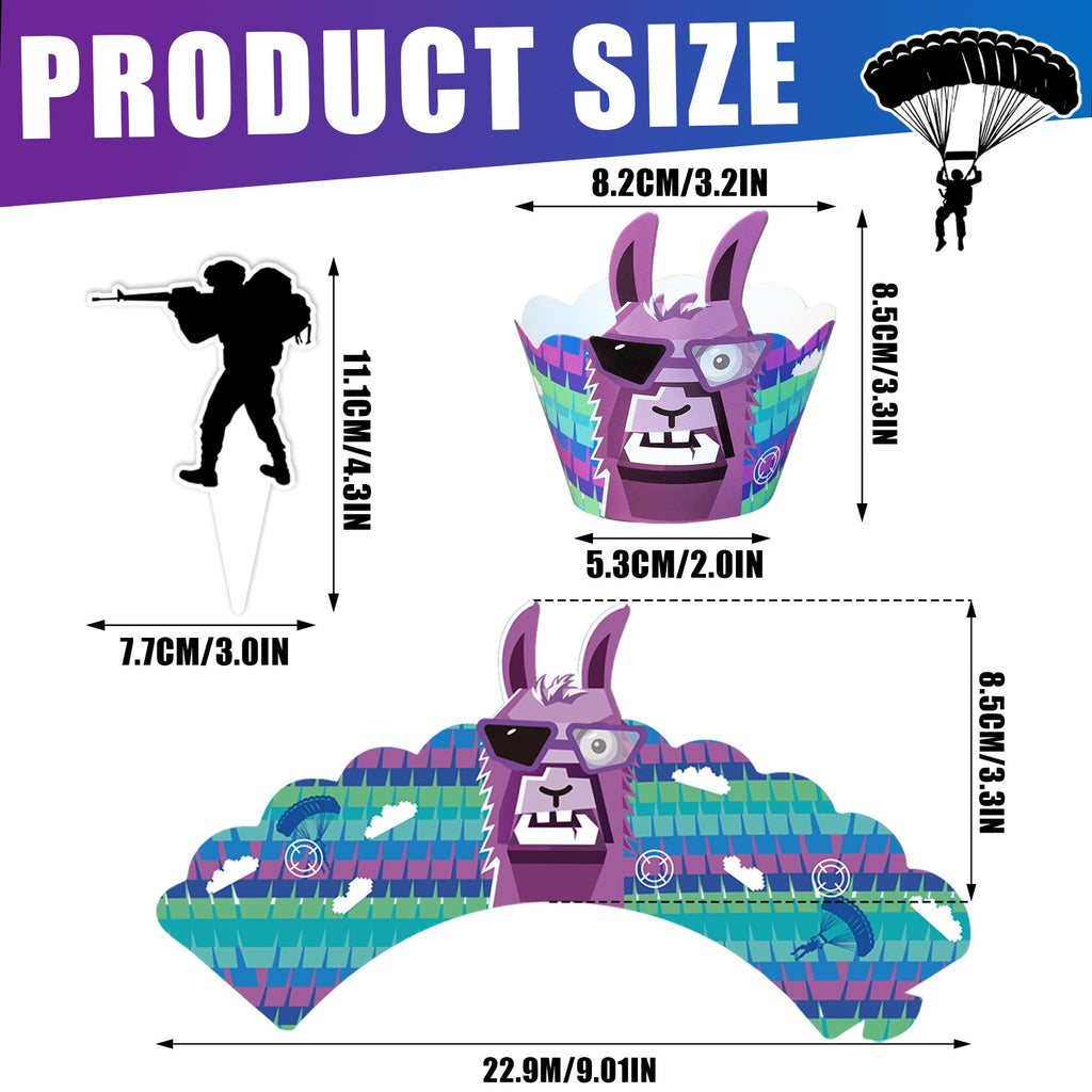 Haxpacal Video Game Cupcake Toppers & Wrappers – 96 Pcs Llama Party Decor