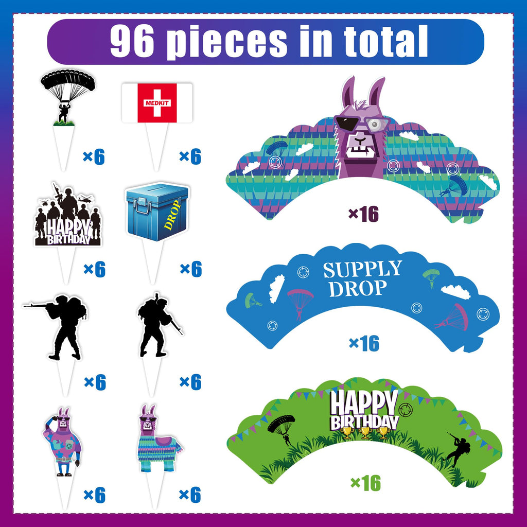 Haxpacal Video Game Cupcake Toppers & Wrappers – 96 Pcs Llama Party Decor