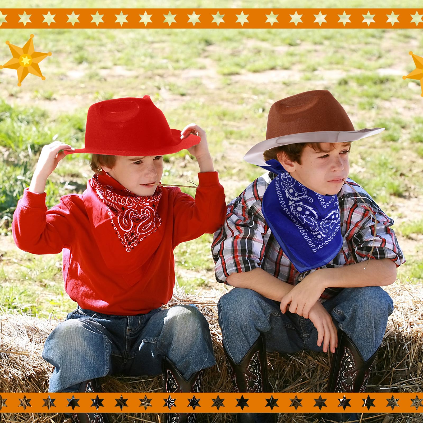 Haysandy 24-Piece Western Cowboy Hat Set – Felt Hats with Paisley Bandanas for Kids' Costume Party (Red & Brown)