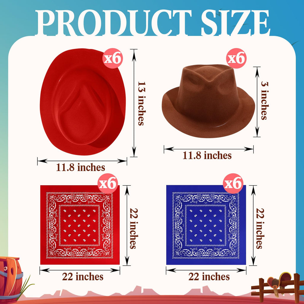 Haysandy 24-Piece Western Cowboy Hat Set – Felt Hats with Paisley Bandanas for Kids' Costume Party (Red & Brown)