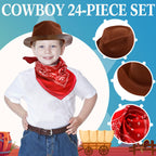 Haysandy 24-Piece Western Cowboy Hat Set – Felt Hats with Paisley Bandanas for Kids' Costume Party (Red & Brown)