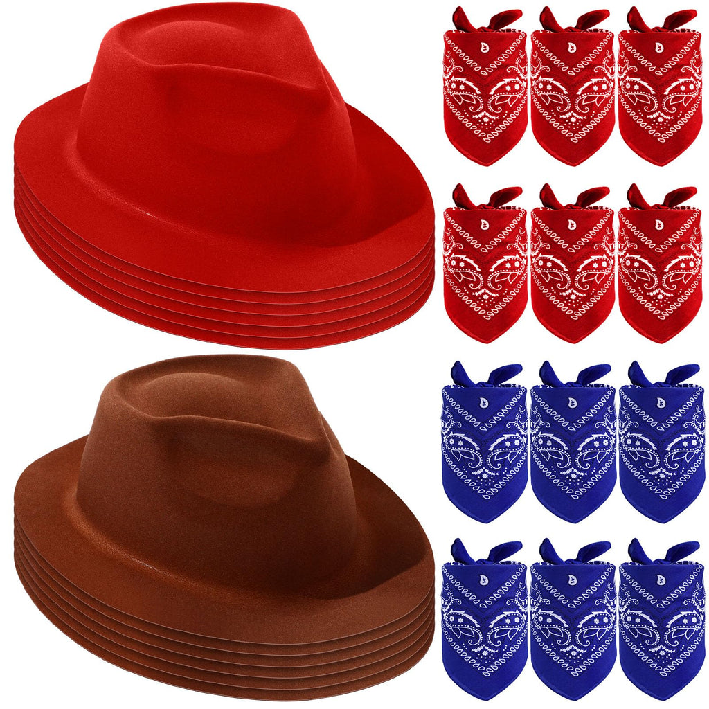 Haysandy 24-Piece Western Cowboy Hat Set – Felt Hats with Paisley Bandanas for Kids' Costume Party (Red & Brown)