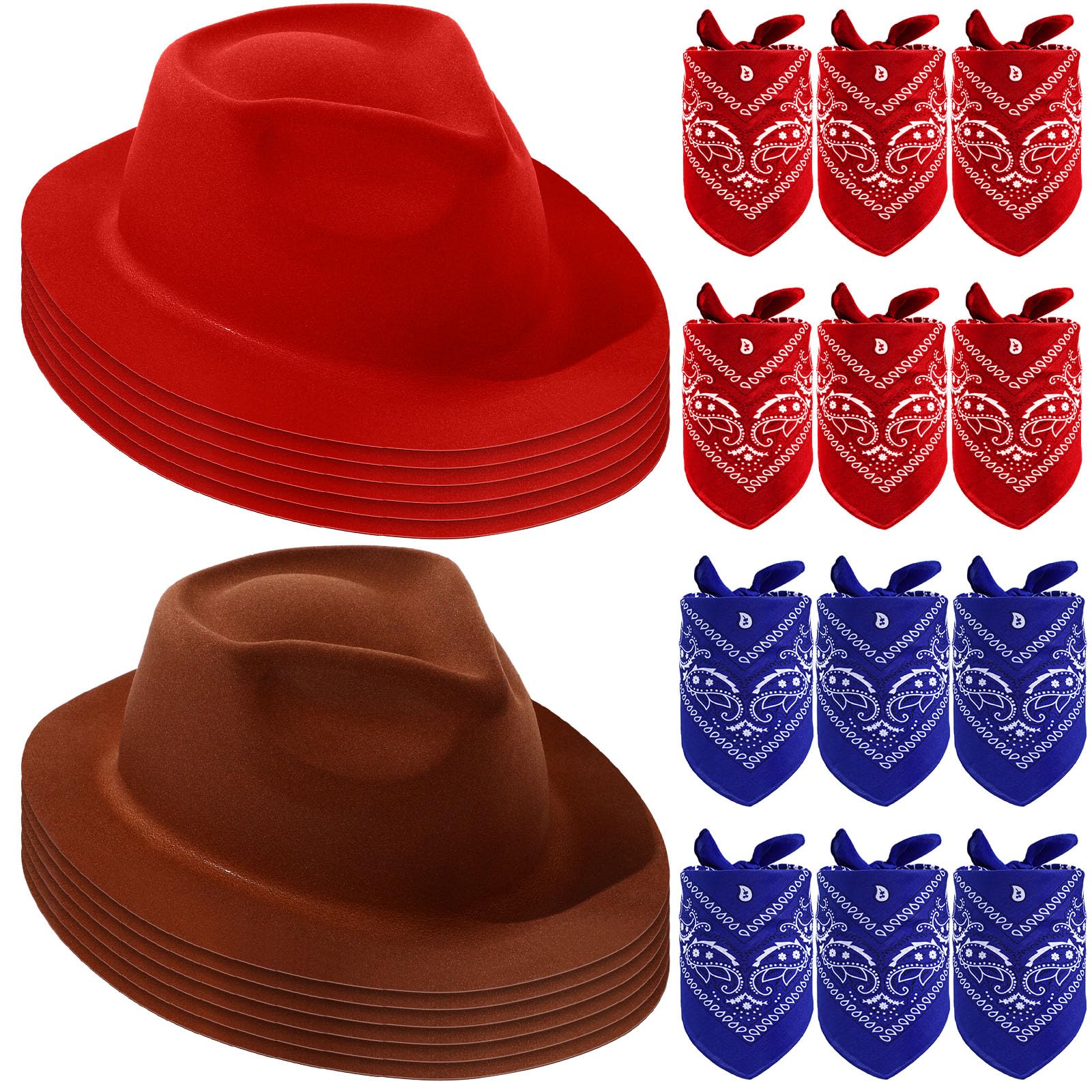 Haysandy 24-Piece Western Cowboy Hat Set – Felt Hats with Paisley Bandanas for Kids' Costume Party (Red & Brown)