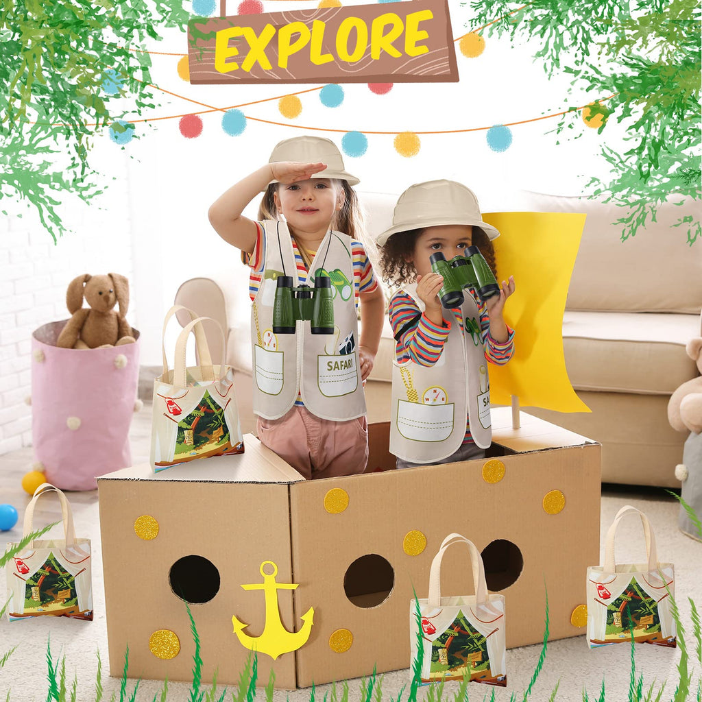 Haysandy 48 Pcs Kids Explorer Costume Set – Safari Hat, Vest, Tote Bag & Binoculars for Jungle Party