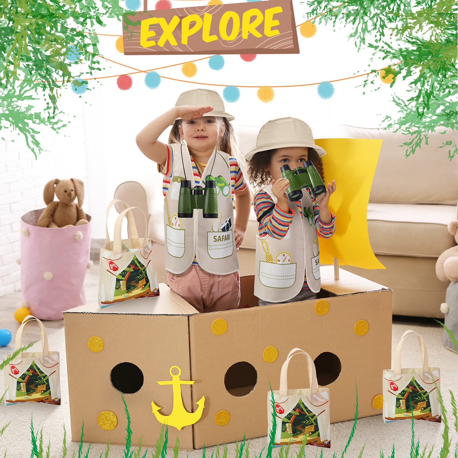 Haysandy 48 Pcs Kids Explorer Costume Set – Safari Hat, Vest, Tote Bag & Binoculars for Jungle Party