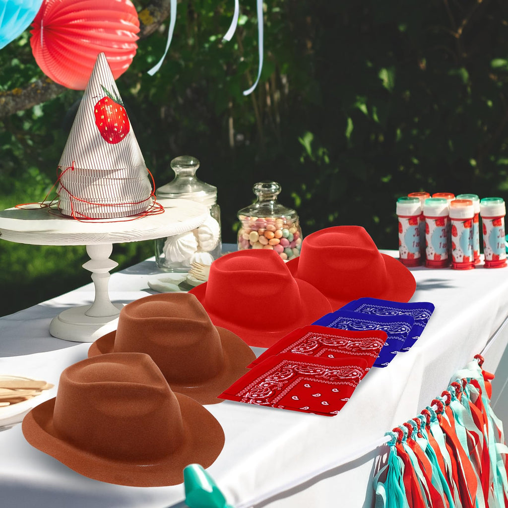 Haysandy 24-Piece Western Cowboy Hat Set – Felt Hats with Paisley Bandanas for Kids' Costume Party (Red & Brown)