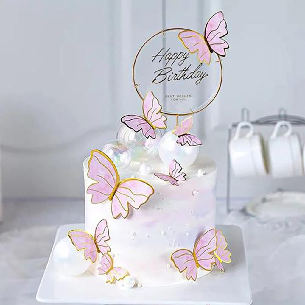 Hazyore Pink Butterfly Cake Toppers - 11pc Gold Metal Happy Birthday Topper Set for Cakes & Cupcakes