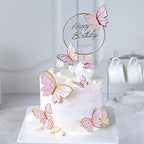Hazyore Pink Butterfly Cake Toppers - 11pc Gold Metal Happy Birthday Topper Set for Cakes & Cupcakes