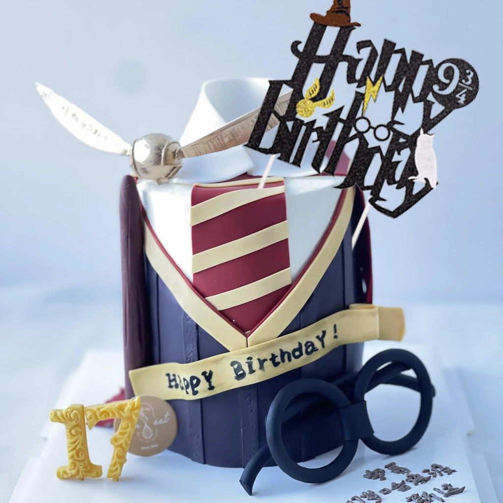 Hazyore Happy Birthday Glitter Cake Topper – Black Wizard Theme for Potter Parties