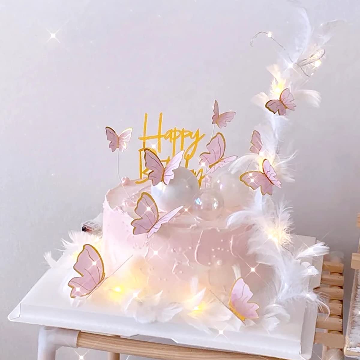 Hazyore Pink Butterfly Cake Toppers - 11pc Gold Metal Happy Birthday Topper Set for Cakes & Cupcakes