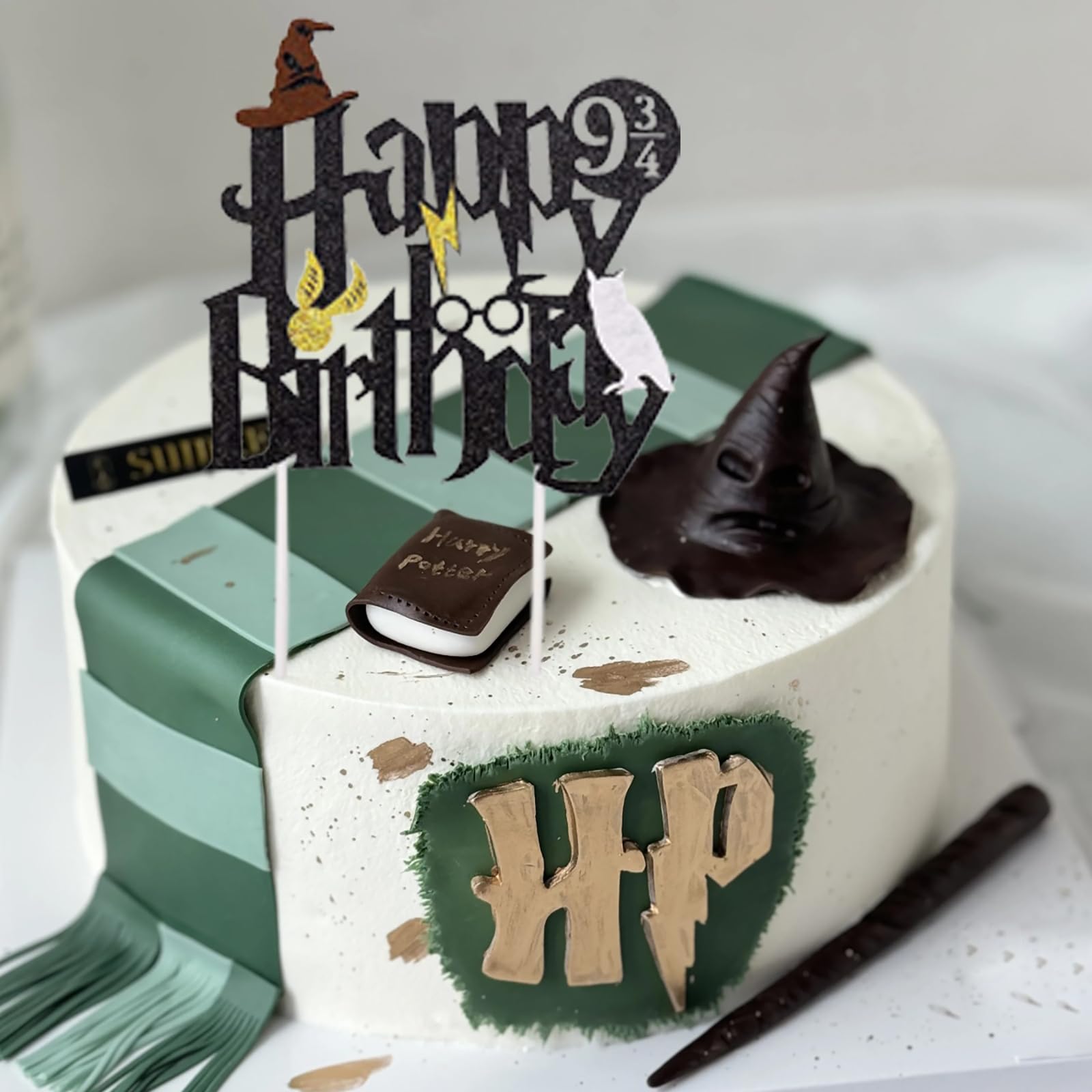 Hazyore Happy Birthday Glitter Cake Topper – Black Wizard Theme for Potter Parties