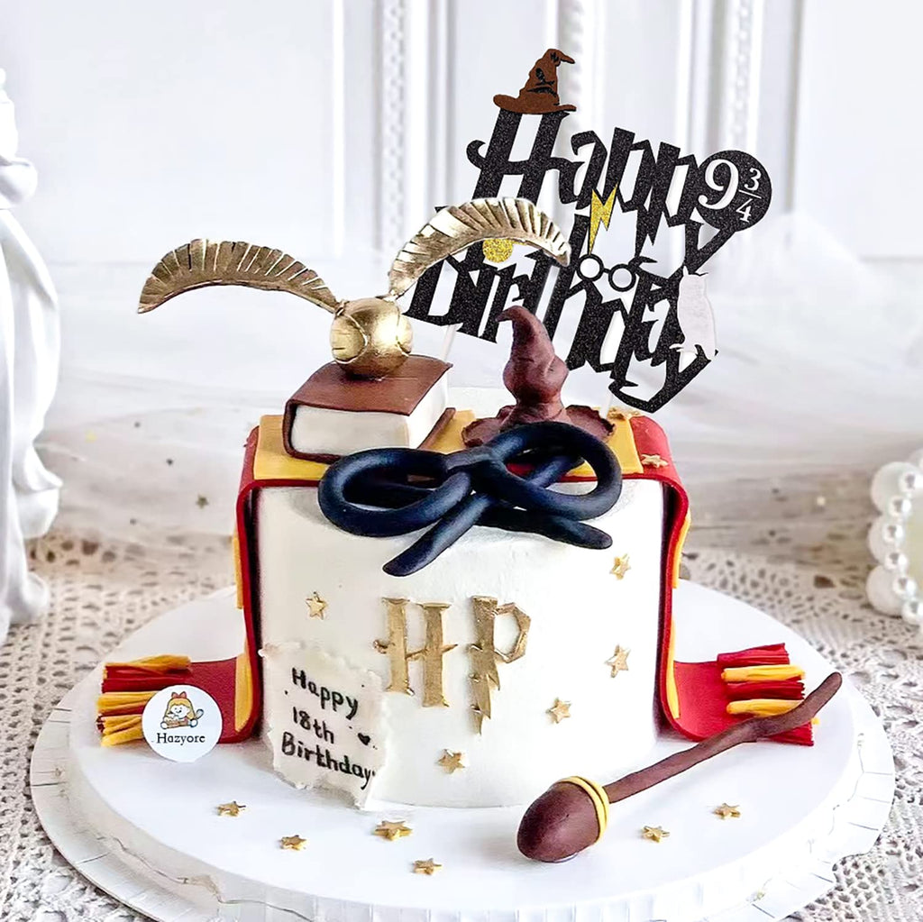 Hazyore Happy Birthday Glitter Cake Topper – Black Wizard Theme for Potter Parties