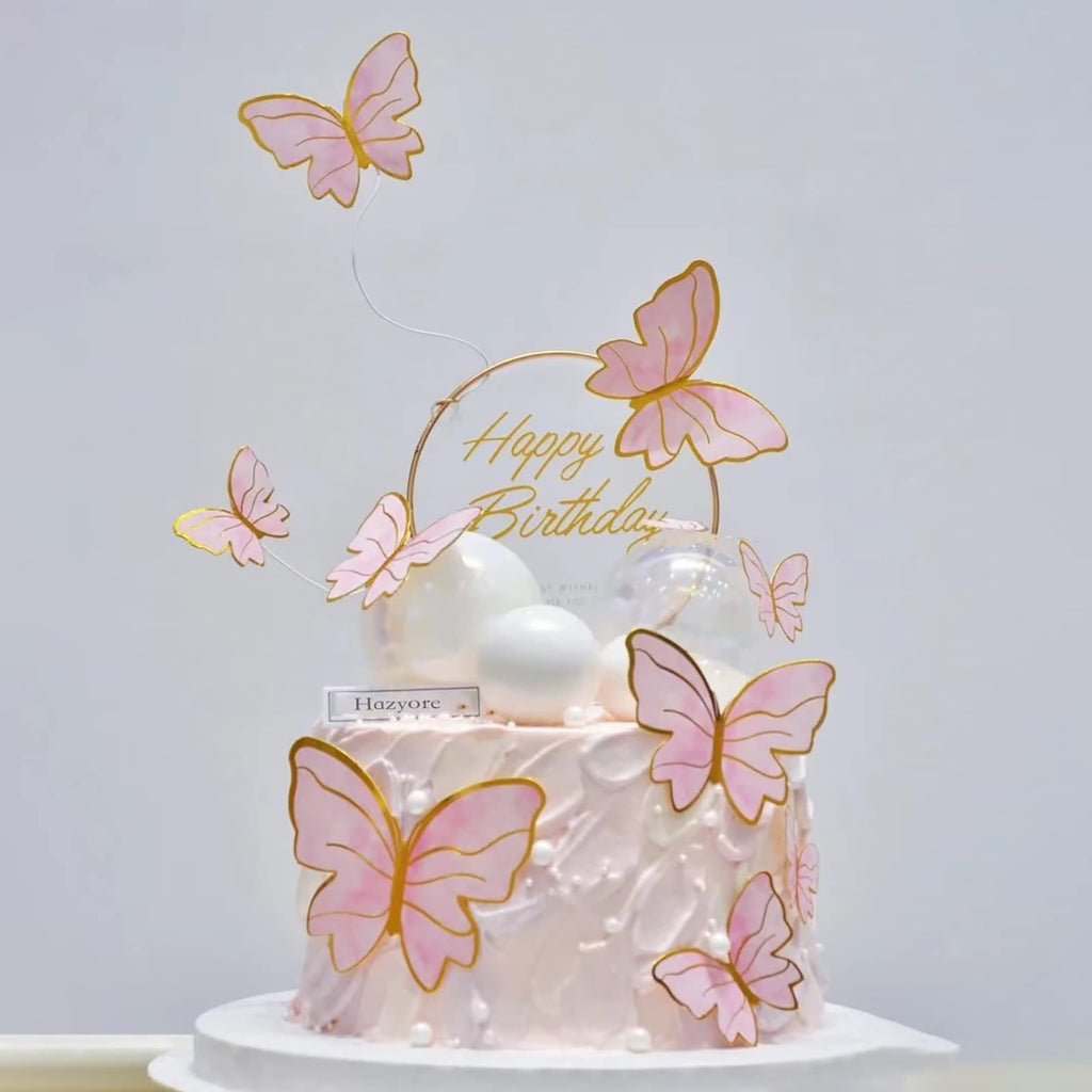 Hazyore Pink Butterfly Cake Toppers - 11pc Gold Metal Happy Birthday Topper Set for Cakes & Cupcakes